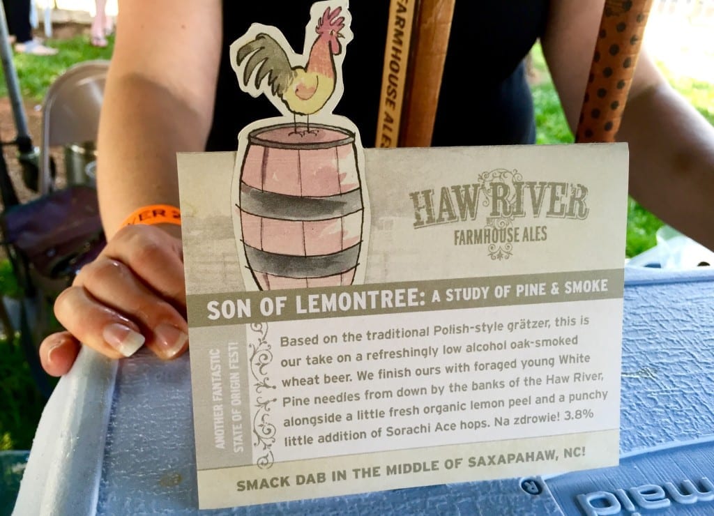 Haw River Brewing brought its super Polish-style gratzer, Son of Lemontree, to the event. It includes pine needles, lemon peel, and smoked malt.