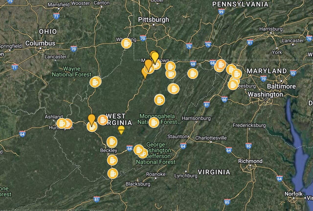 Map with links to addresses and info on West Virginia breweries